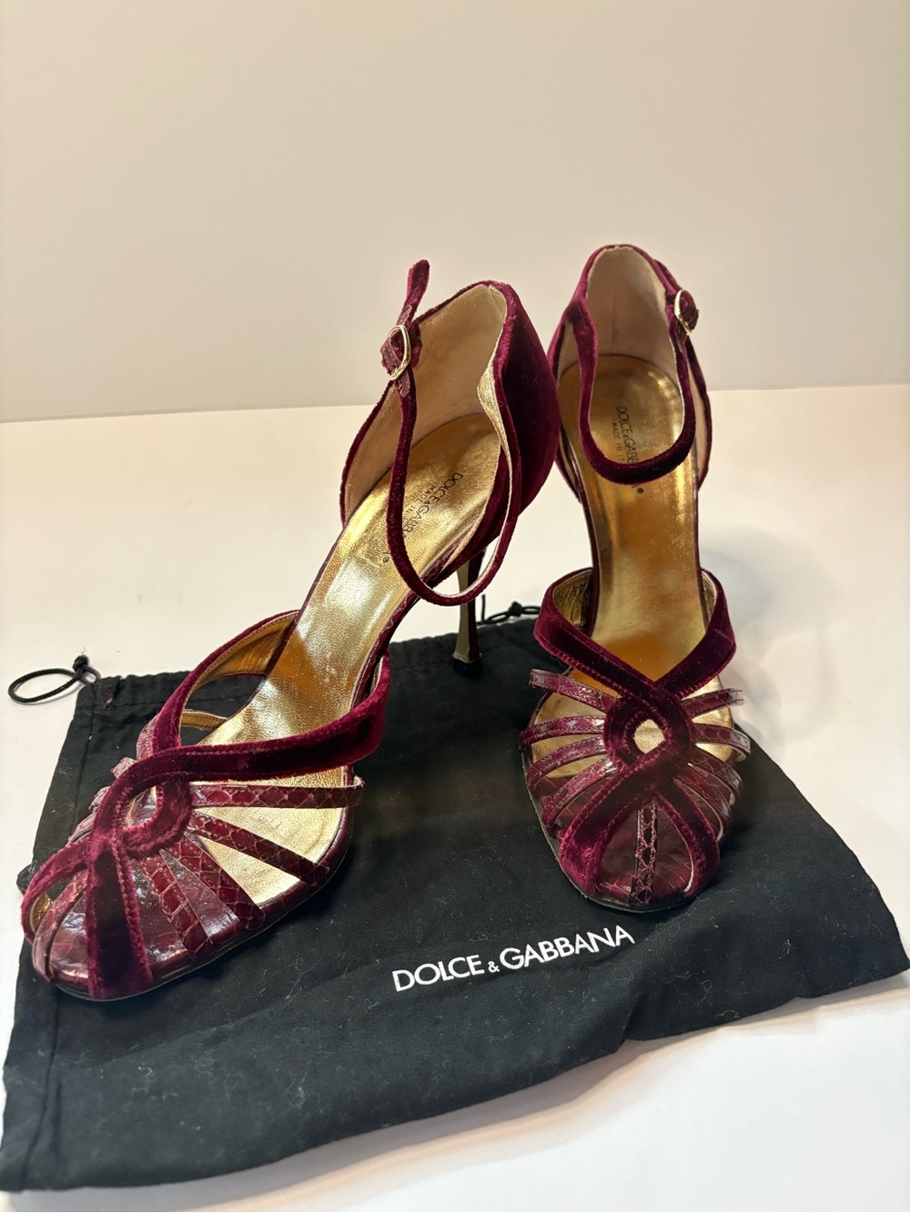Dolce & Gabbana Burgundy Velvet Strappy Open-Toe Heels with Gold Insole